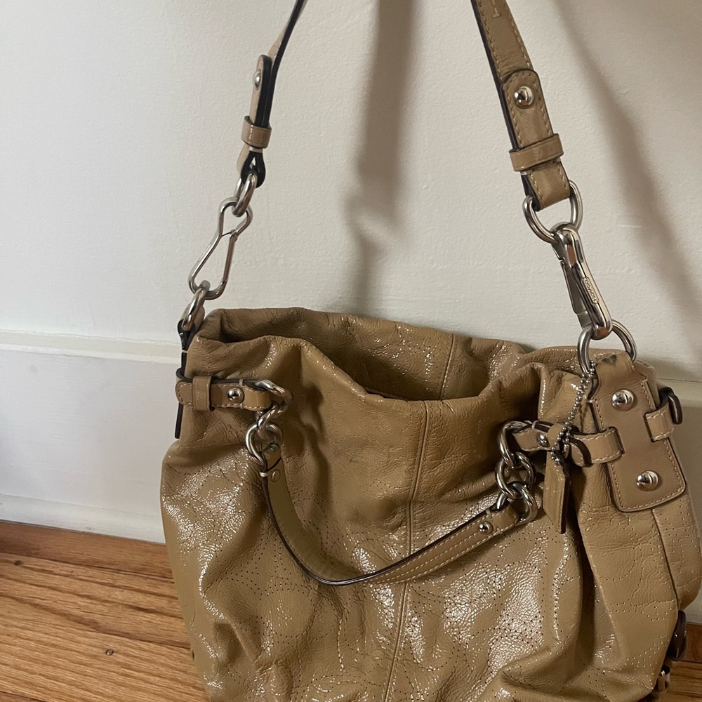 COACH Stylish Tan Patent Leather Perforated “C’s” Shoulder Bag